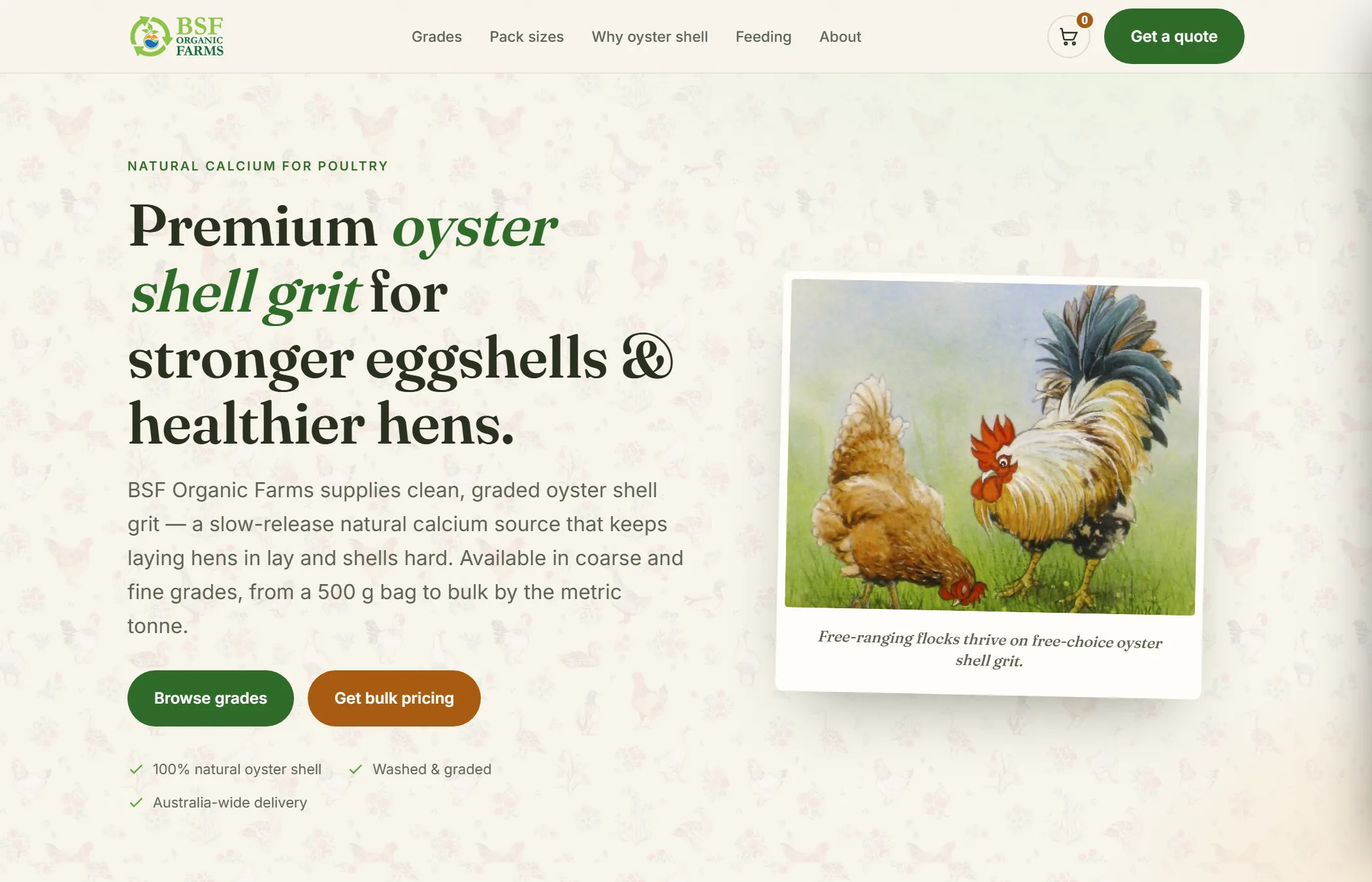 BSF Organic Farms on a desktop screen: the shop's home page with grades, pack sizes and a cart