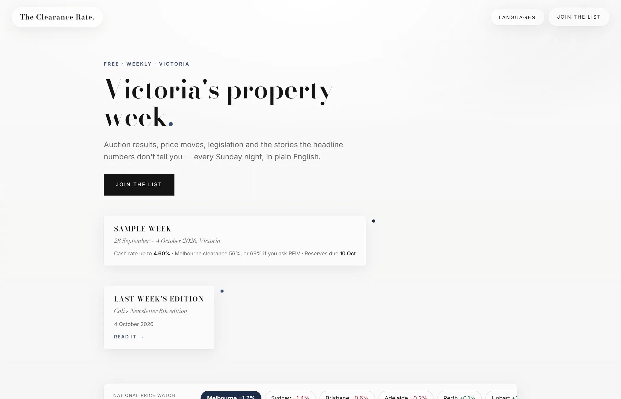 The Clearance Rate on a desktop screen: a newsletter landing page with a sign-up form and a sample week of Victorian property figures