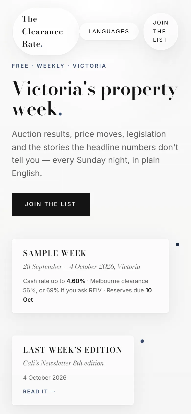 The Clearance Rate on a phone: the join-the-list form and this week's clearance figure